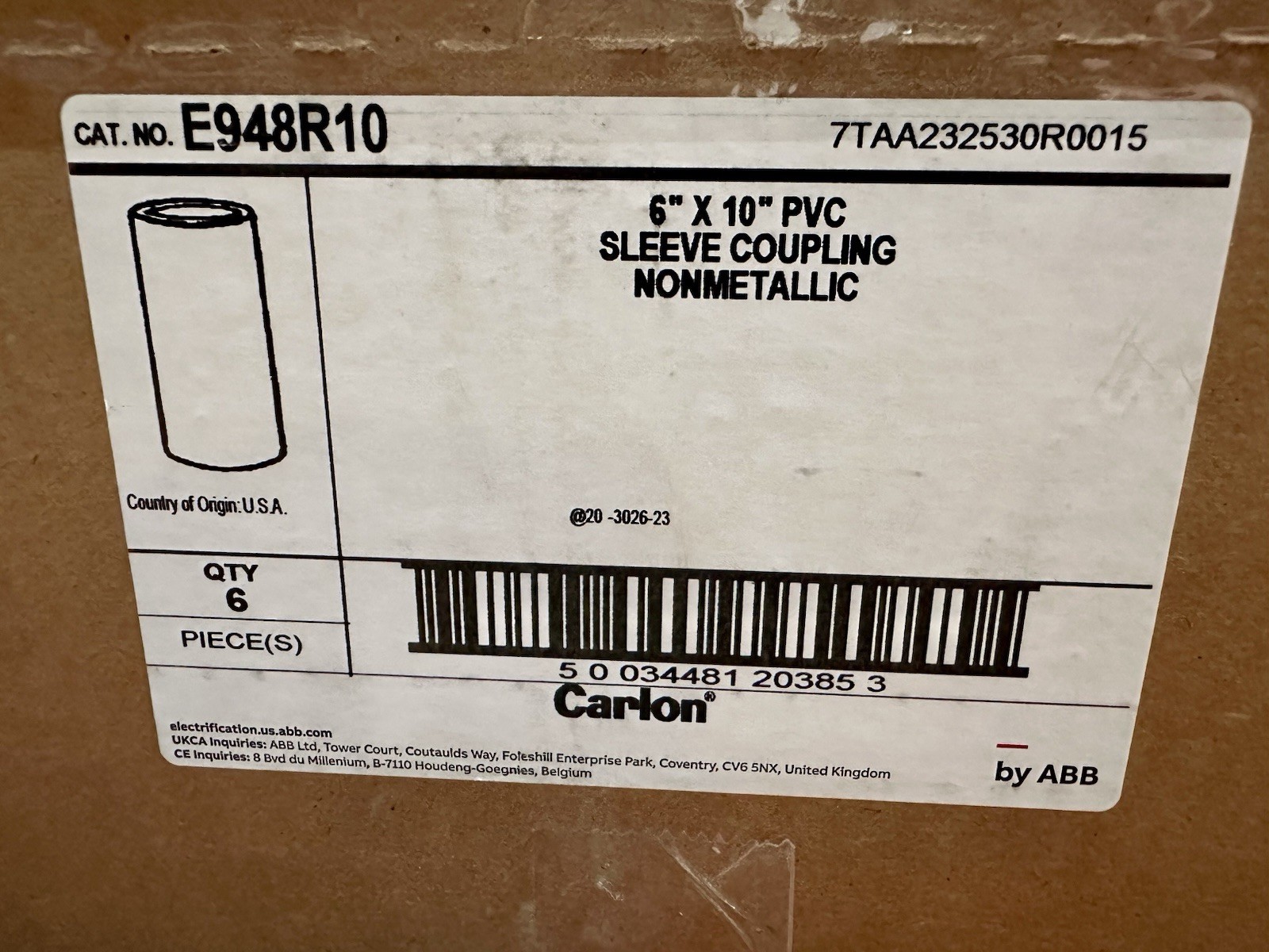 Box of 6 Carlon E948R10 6” X 10” PVC Sleeve Coupling - Free Shipping