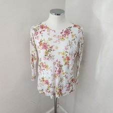 LOFT Womens Small Floral Print Lightweight Ramie Viscose Sweater White Pink S