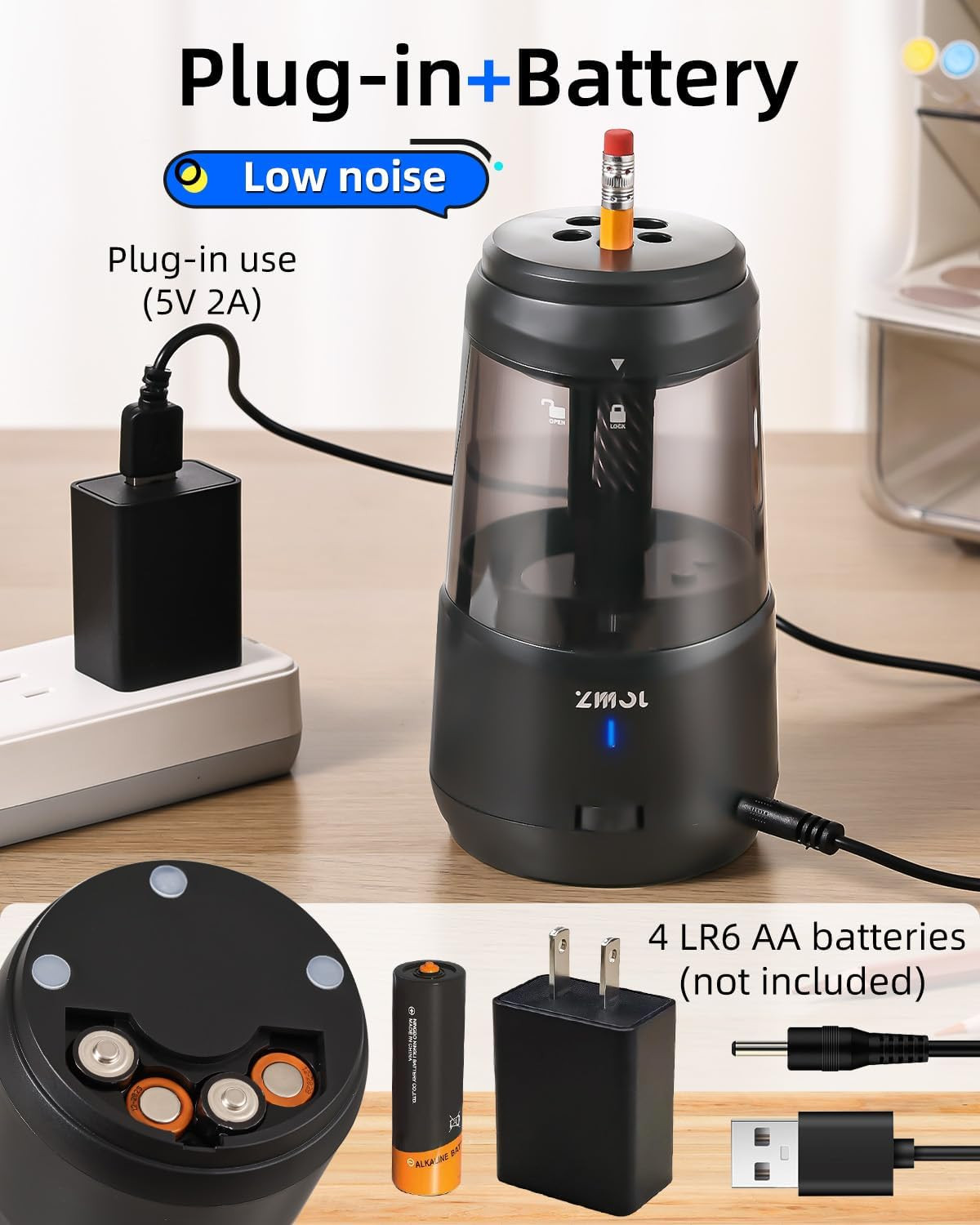 ZMOL Electric Pencil Sharpener with Helical Blade, Auto Stop, 5-Speed Adjustment