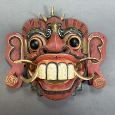 Indonesian Traditional Hand-Carved Wood Mask Wall Hanging 10"x12"