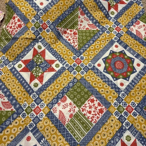 Cheater Quilt Fabric Top, "Flower Blue" 90" x 71” Cotton Blend Material