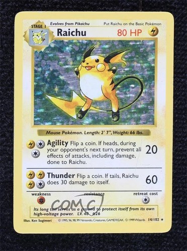 Raichu Holo Shadowless Pokemon Base Set #14 1999 0n5m