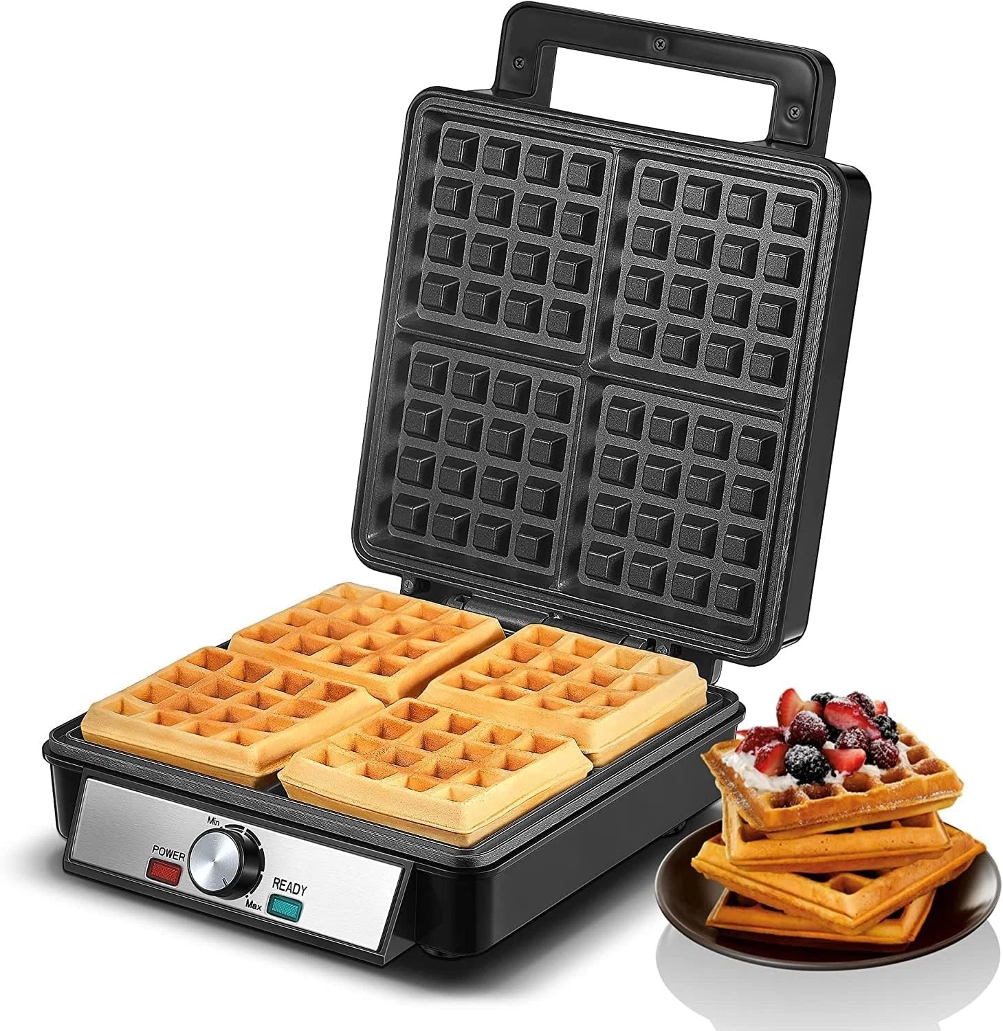 1200W Belgian Waffle Maker 4-Slice, Stainless Steel, 5 Browning Levels, Non-Stic