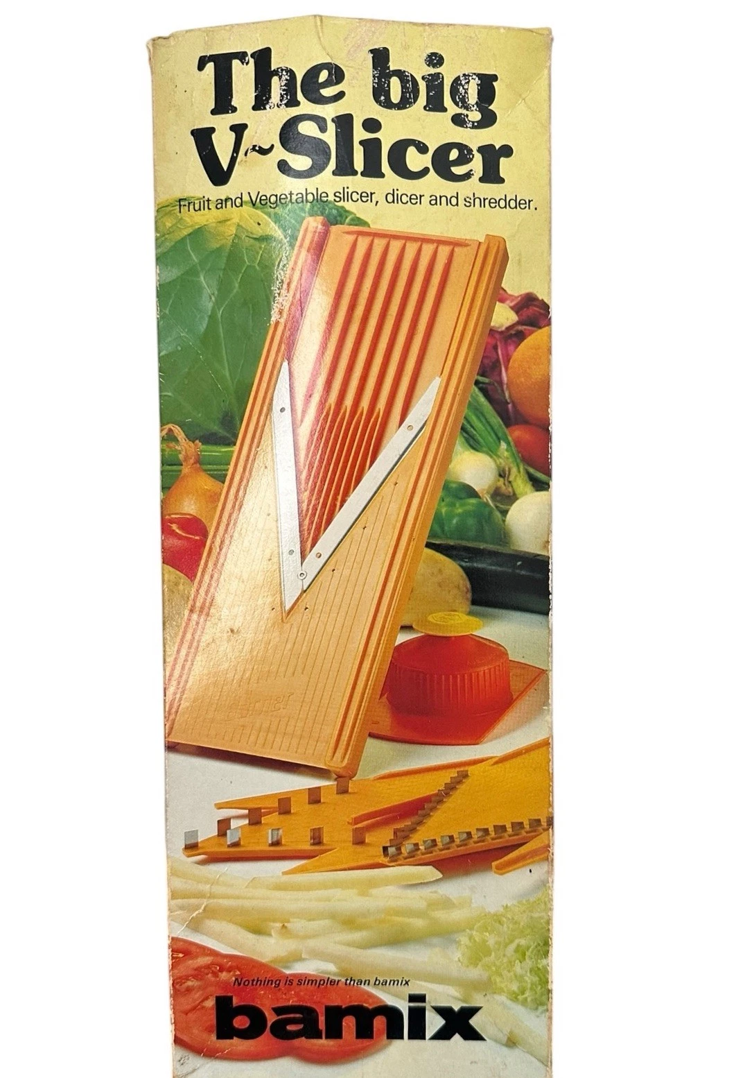 Vintage The Big V Slicer Ultimate Food Processor Mandolin ORANGE Boxed Clean VGC
