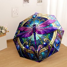 Stained Glass Dragonfly Folding Umbrella Automatic 8-Rib Travel Gift Unisex