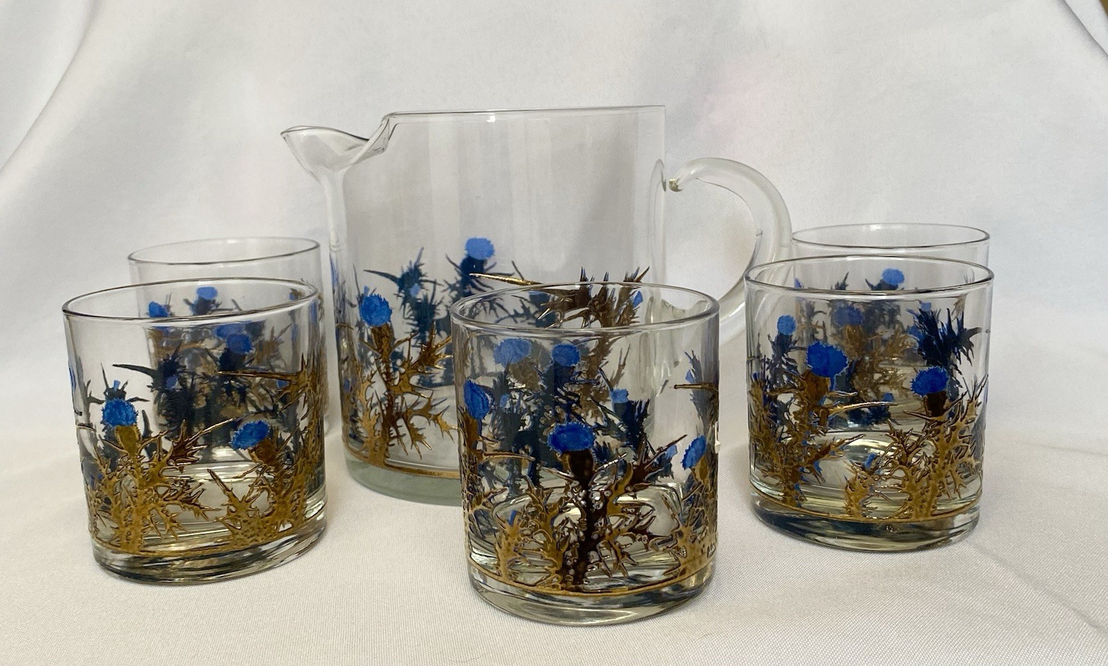 Gregory Duncan Blue Thistle Pitcher and 5 Rocks Low Ball Glasses