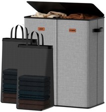 150L Grey Double Laundry Hamper With Lid Removable Bags 2 Section Basket