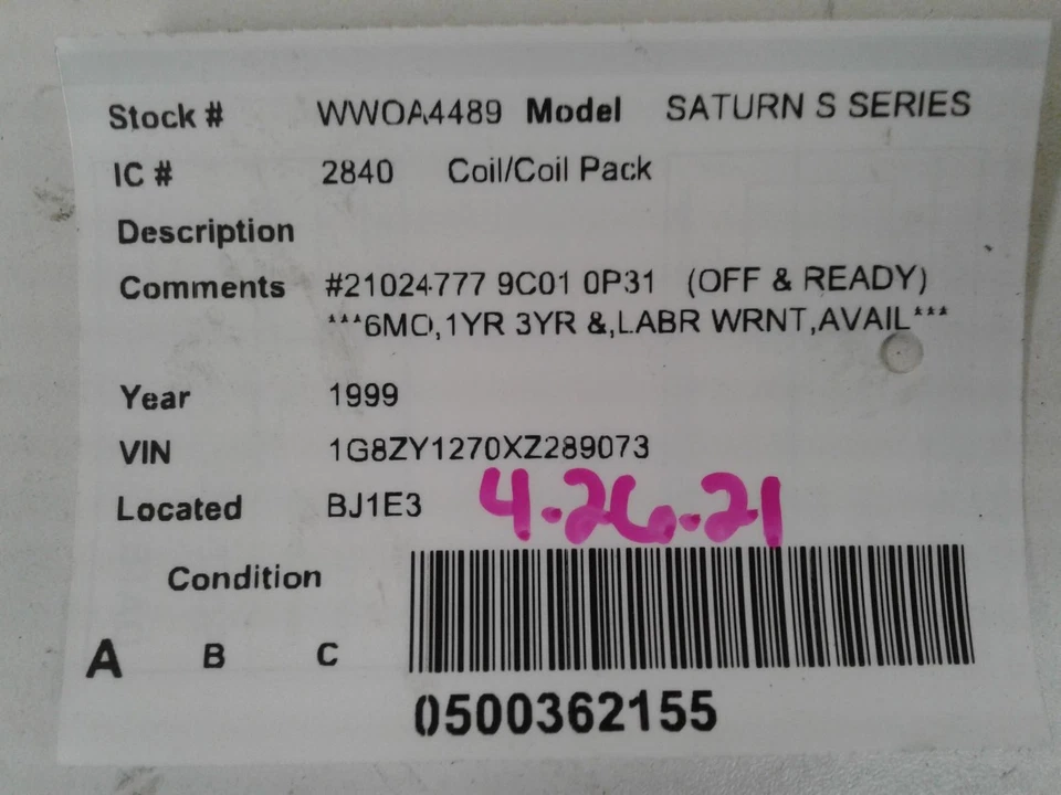 Bobina de encendido usada se adapta a: Saturn S SERIES Grado A 1999 Foto 3 de 4