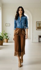 Vtg 50s Suede Pants Leather Skirt Western Fringe Culottes Chaps Side Zipper S/M