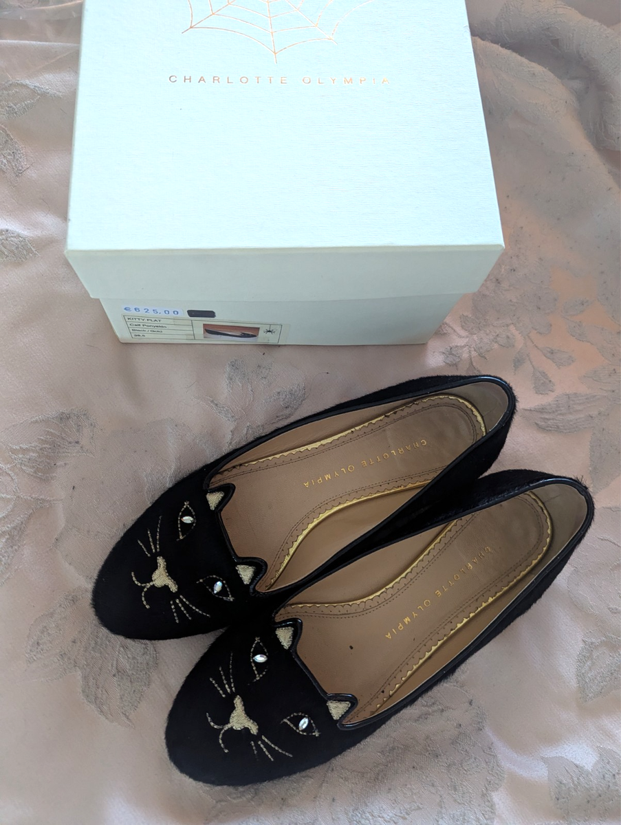 Rare Charlotte Olympia Pony Hair Kitty Cat Face Rhinestone Black