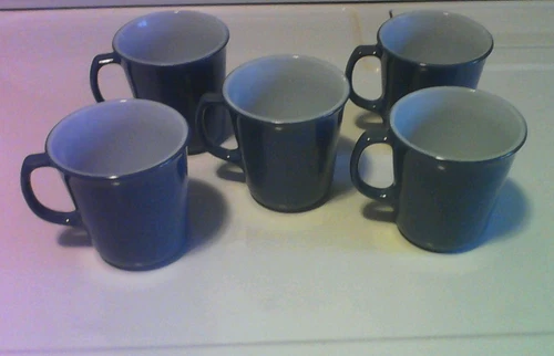 Vintage  Blue  Milk Glass  Corning Pyrex Coffee  Cups  Mugs Set  Of  5, USA
