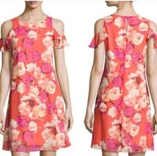 Eliza J Shift Dress Size 12 Womans Red Floral Print Short Cold Shoulder Lined