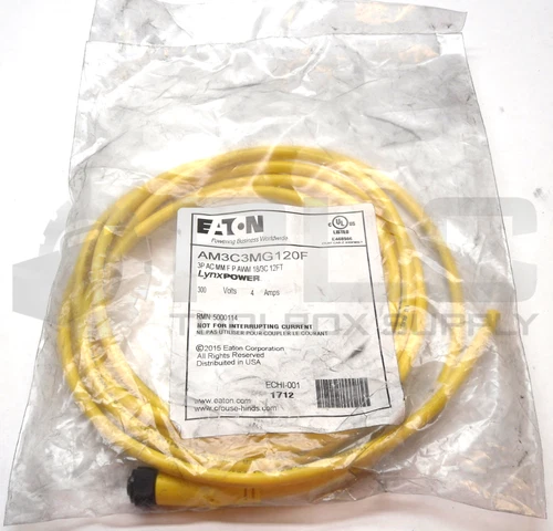 NEW SEALED EATON 5000114 CORDSET 12FT 3POLE AC MM F P AWM AM3C3MG120F