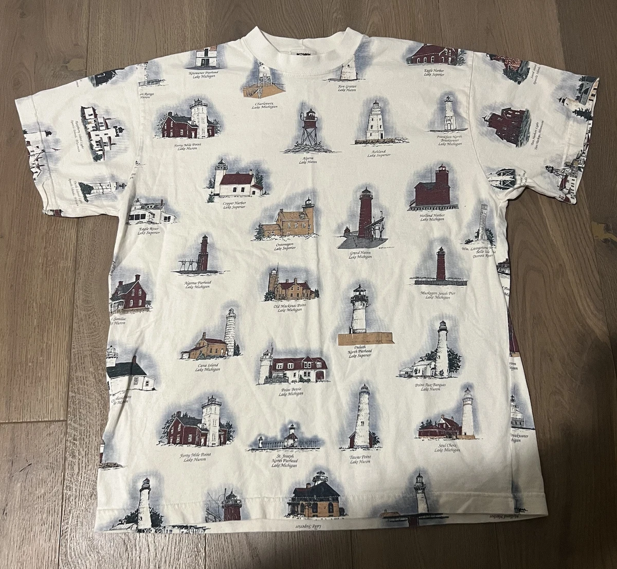 Vintage 90s Art Unlimited Lighthouse Shirt Adult XL White All Over Print AOP