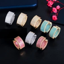 Sky Blue Red 18k Gold Plated CZ Round Hoop Earring for Women Brides Cute Jewelry