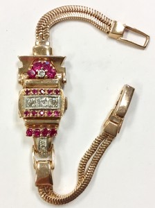 14K-VINTAGE-ROSE-GOLD-LADIES-WATCH-DIAMONDS-amp-RUBIES-ESKA-SWISS