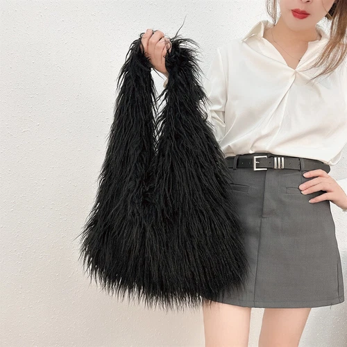 Women Handbag Shoulder Bag Faux Mongolian Fur Furry Fluffy Plush Winter Handbag - Picture 16 of 34