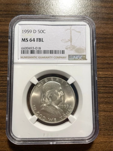 1959-D Franklin Silver Half Dollar 50C NGC MS 64 Full Bell Line Lines (FBL)