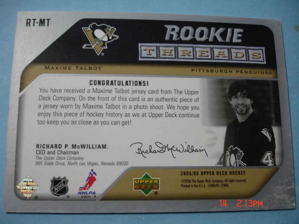2005-06 Upper Deck "Rookie Threads" Authentic Jersey # RT-MT Maxime Talbot RC! - Image 2 of 2