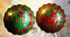 2 Vintage Isreal/Menorah Design multi-colored hand painted Brass Bowls 4"