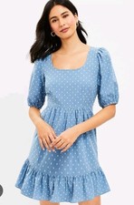 NWT LOFT Clip Tie Back Flounce Swing Mini Dress Blue w/ Dots, Size 12