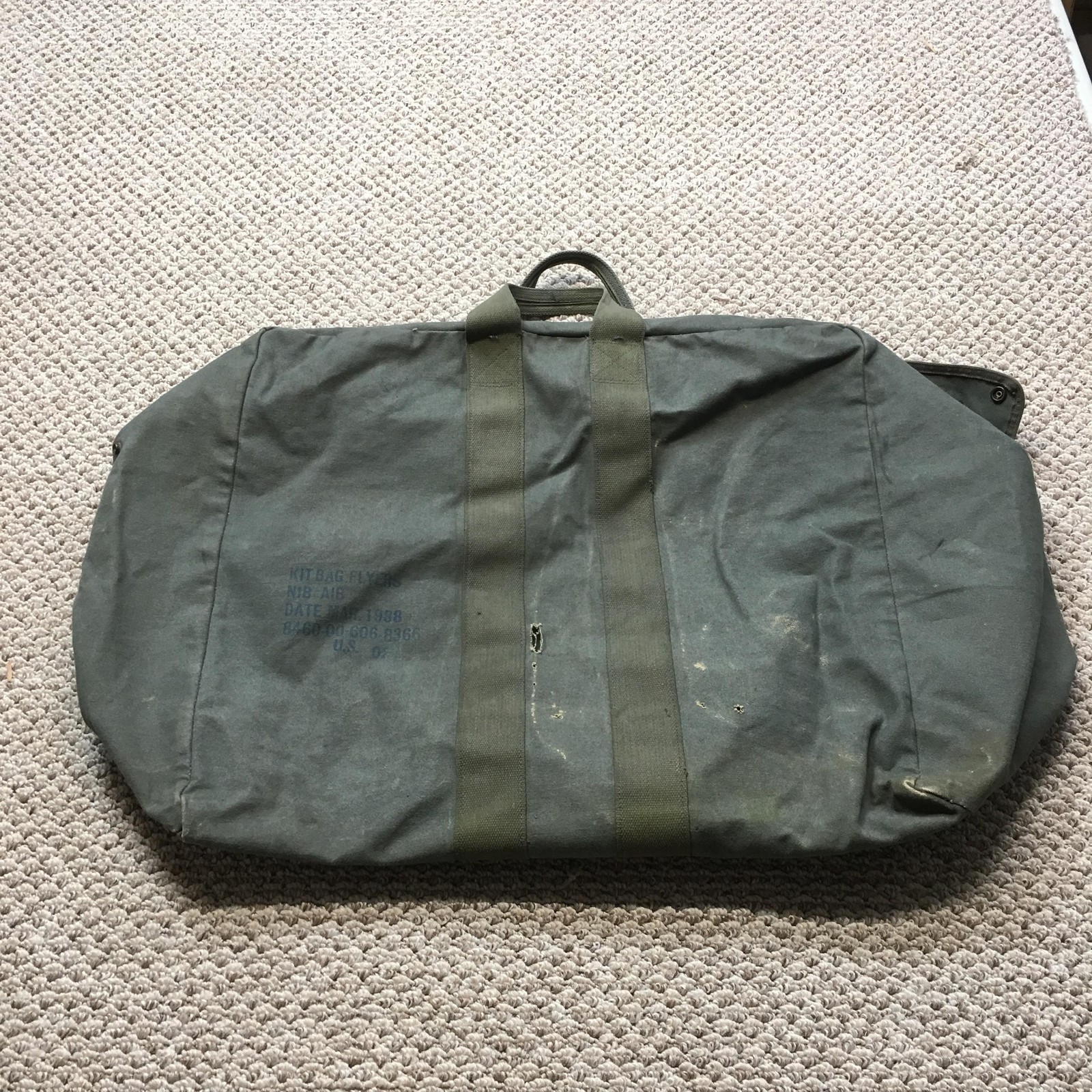 Vintage 1960s US Military Kit Bag Flyers Green Canvas Large Duffel GI Travel Bag