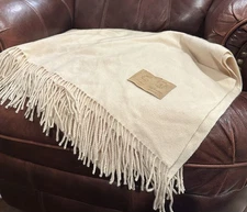 Noble Excellence 100% Cashmere Throw Blanket Cream Fringe 53x61 Made in China