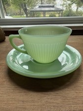 Vintage Fire King Green Jadeite Cup  Saucer Set With Handle Two-Piece