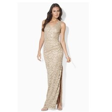 Lauren Ralph Lauren Gold Lace Evening Gown V Neck Gathered Side High Slit Size 4