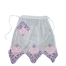 Vintage 60s 70s White Sheer Half Apron Floral Patchwork Purple Flower Cottage