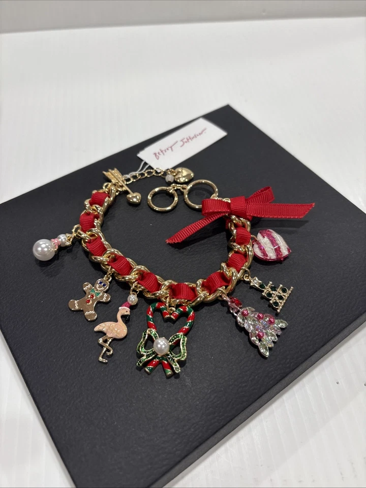 Betsey Johnson Gold Tone Holiday Charm Bracelet Ribbon Christmas Tree Flamingo - Image 2 of 4
