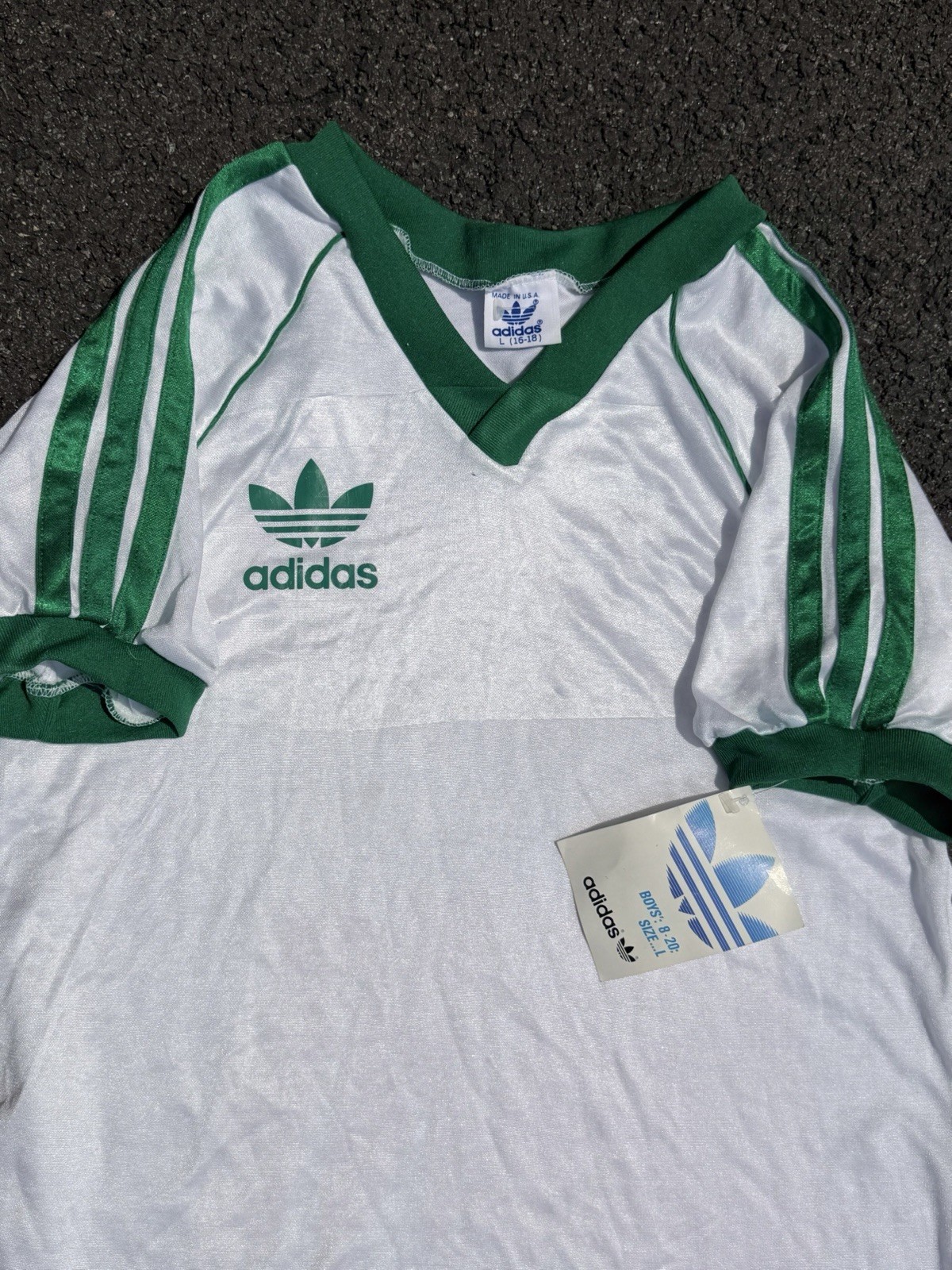 Vintage 80s Adidas Soccer Jersey Made In USA Youth L Fits Womens White Green NWT