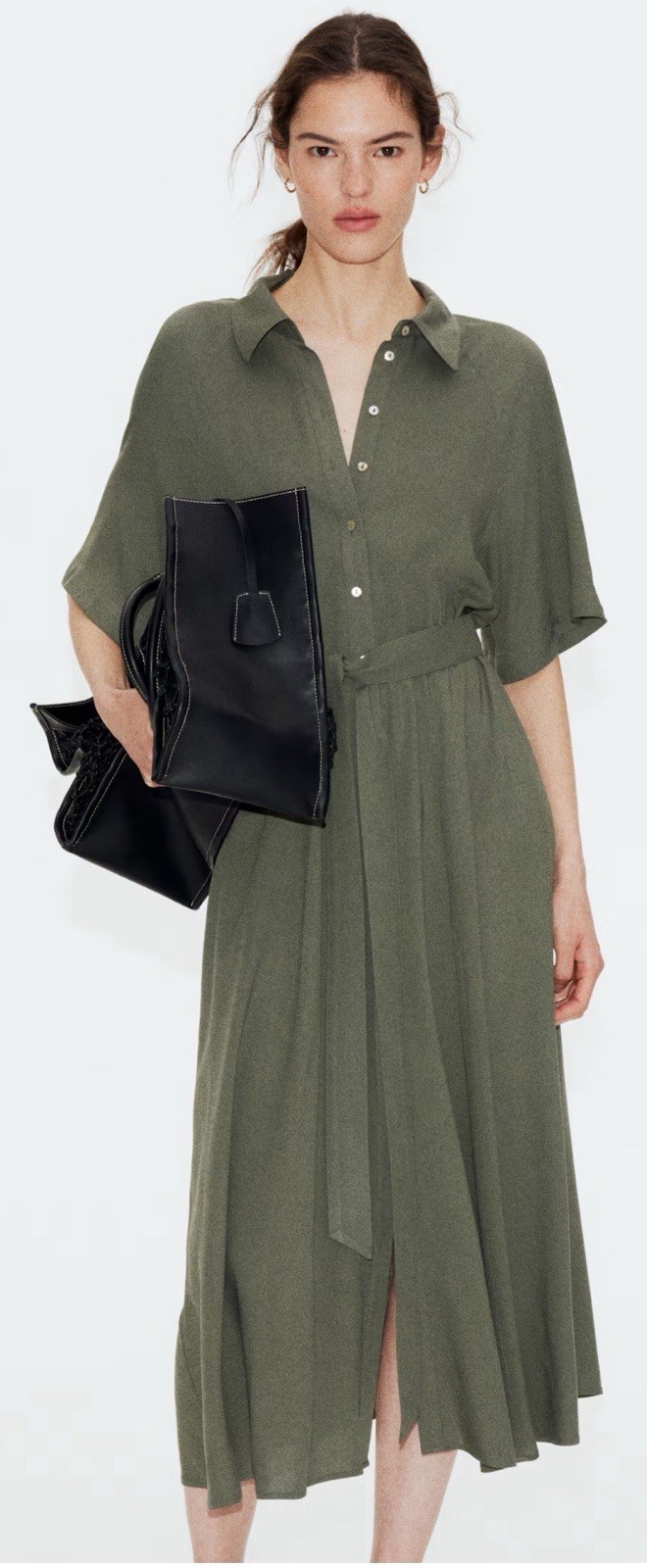 H&M Women's Tie Belt Shirt Dress NWT Large Dark Khaki Green Short Sleeve