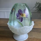Fenton Fairy Lamp Beaded Daisy Green Top w/ Purple Flowers & White bottom MINT