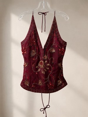 Vintage Y2K Burgunderrot Perlen Neckholder Top-Pailletten bestickt Blumenmuster Ty4 14