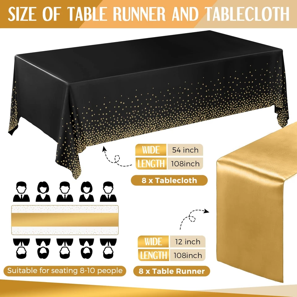 16 Pieces New Year Black and Gold Disposable Plastic Tablecloths and Satin Ta... - Image 2 of 4