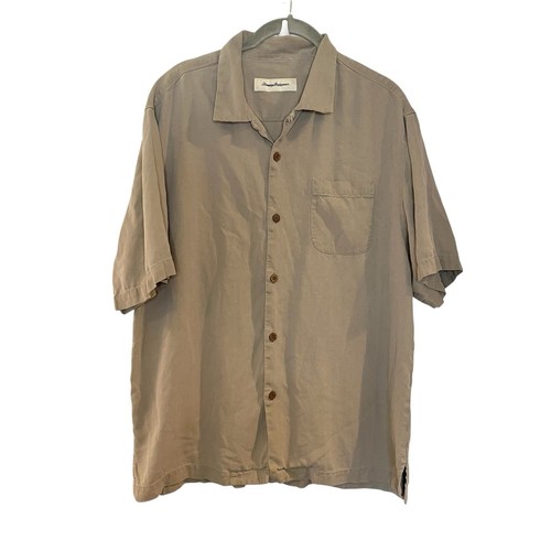 Tommy Bahama Shirt Mens L Brown 100% silk Short Sleeve Camp Solid Button up