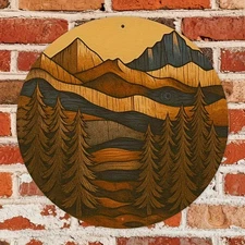 2D Flat, 2D Flat Round Aluminum Wall Art - Pine Tree & Mountain Landscape Painti