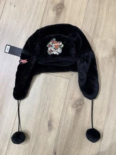 Ed Hardy Women’s Trapper Hat Black Faux Fur With Pompoms, Love Kills Slowly, NWT
