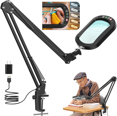 10X Large Magnifying Glass with Light and Clamp, Real Glass, 5 Color Modes, Step