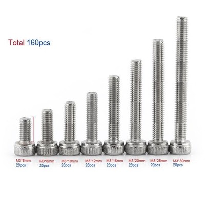 160pcs M3 304 Stainless Steel Cap Head   Socket Screws Bolt Nut Assortment Kit *