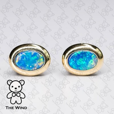 Simple Oval Natural Australian Doublet Opal Stud Earrings 14k Yellow Gold