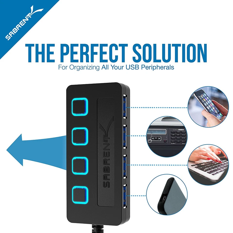 Sabrent HB-UM43 4-Port USB 3.0 Hub w/ Individual Power Switches and LEDs S-Speed - Image 4 of 4