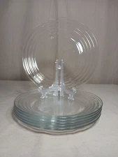 6 LIBBEY DURATUFF 9 1/4" Clear Glass Luncheon Plates With Embossed Rings, Mexico