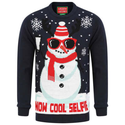 Weihnachtspullover ''Music Jingle'' Neuheit Strick Rentier Schnee Selfie dunkelblau