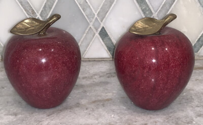 PR 2 Apple Cranberry Red Marble Brass Leaf Andrea Sadek Bookend Sculpture 3.5  T