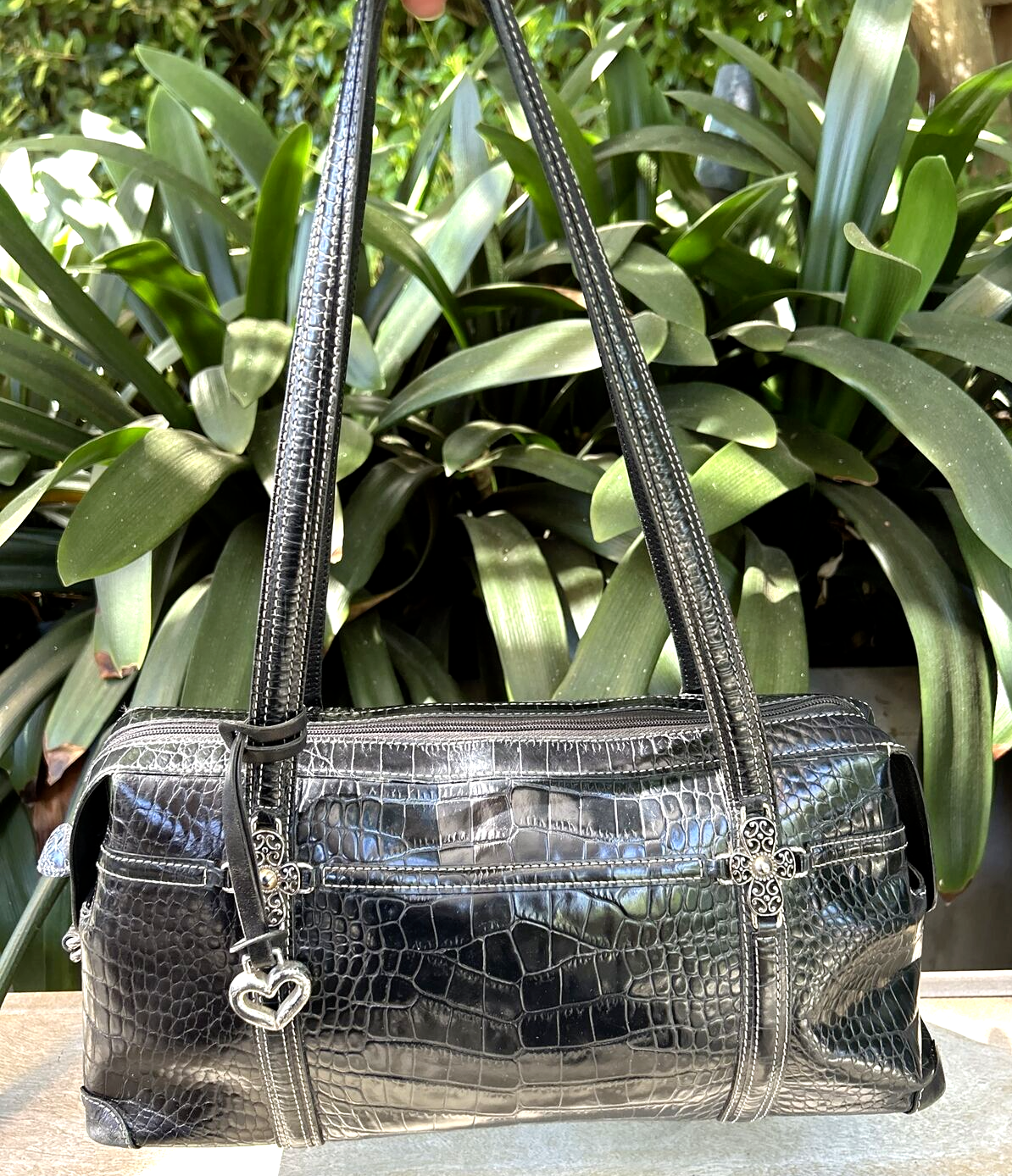 VTG 90s Brighton Anna Rosa Black Patent Leather Crock Embossed Y2K Handbag Purse