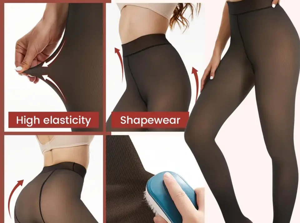 Meia-calça feminina forrada termicamente, preta semi transparente que parece real tom de pele - Imagem 3 de 4