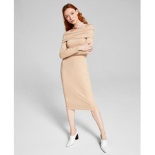 MSRP $49 And Now This Off-The-Shoulder Ribbed Midi Dress, Camel Brown- Size XS