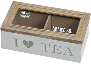 Kleine Holz Teebox Teekiste 2 Fächer Sichtfenster natur / weiß für